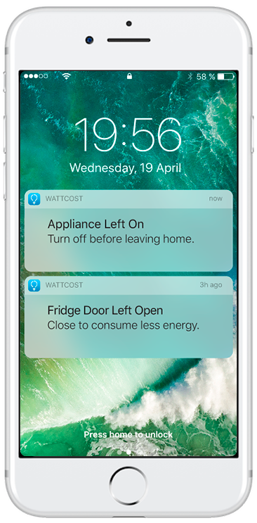 iPhone lock-screen that shows the notifications: 'Appliance Left On - You have left home with a high-load appliance running.' and 'Fridge Door Left Open - Close to consume less energy.'