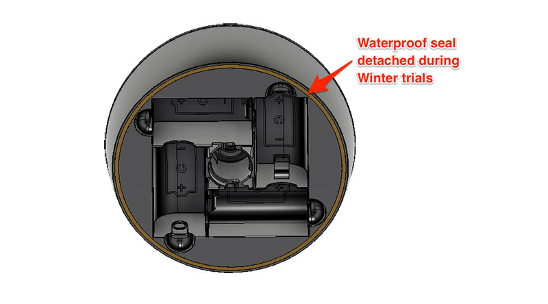 Image caption: View of underside of the battery housing highlighting the faulty seal.